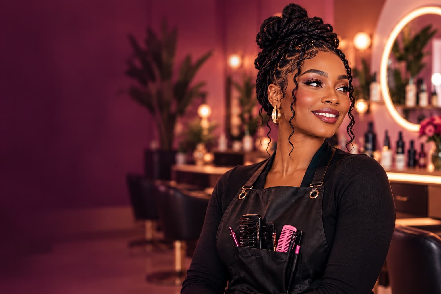 A smiling salon professional with braids and a tool apron in her salon