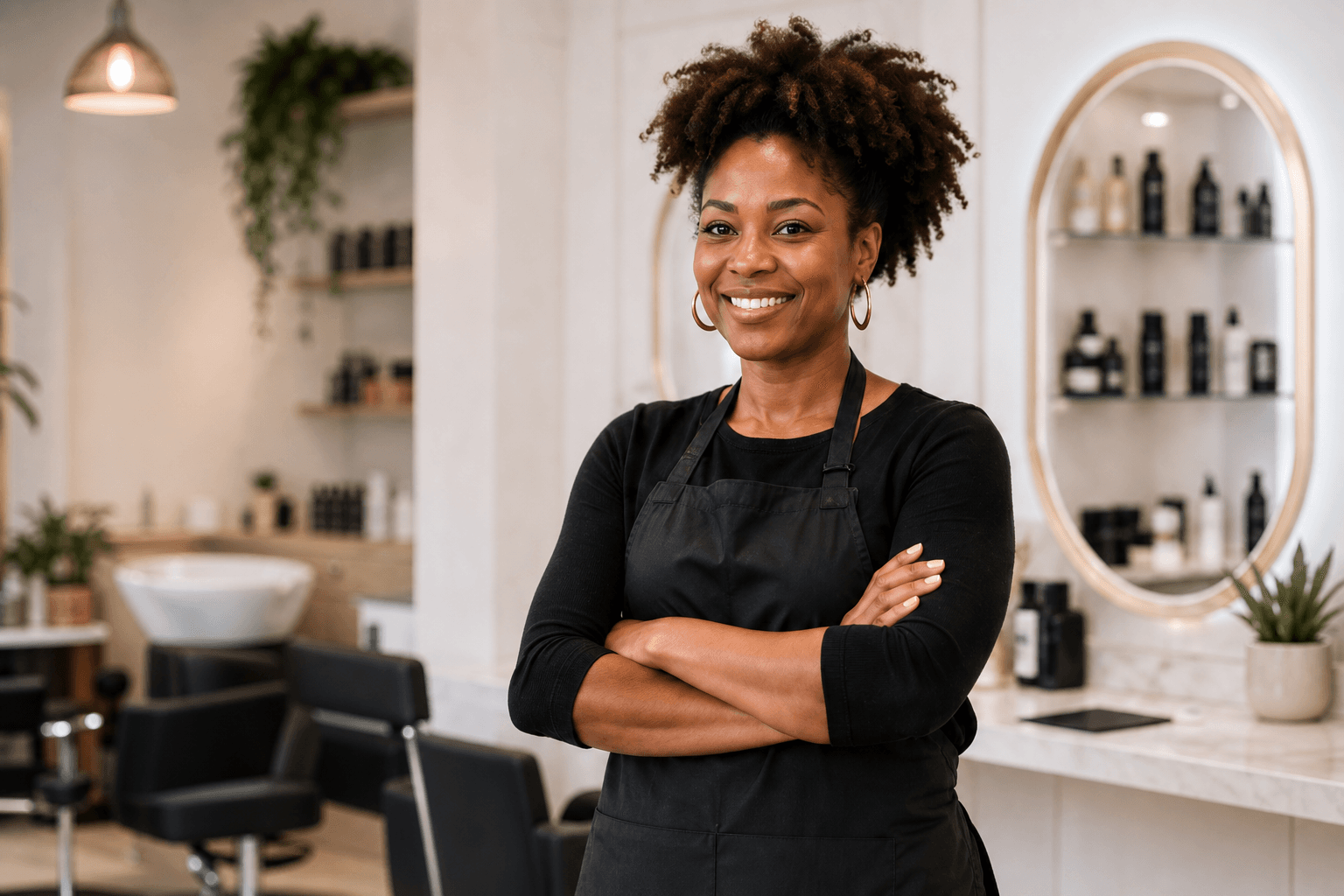 Smiling salon owner standing in a modern salon